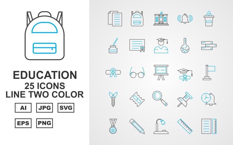 Download Набор иконок "25 Premium Education Line Two Color Pack Icon Set" / 25 Premium Education Line Two Color Pack Icon Set - Набор иконок на тему science document,books,award,lamp,ruler,brain,trophy,clock,bag,school,bell,speech,ink,cap,certificate,thermometer,graduation,flask,degree,glasses
