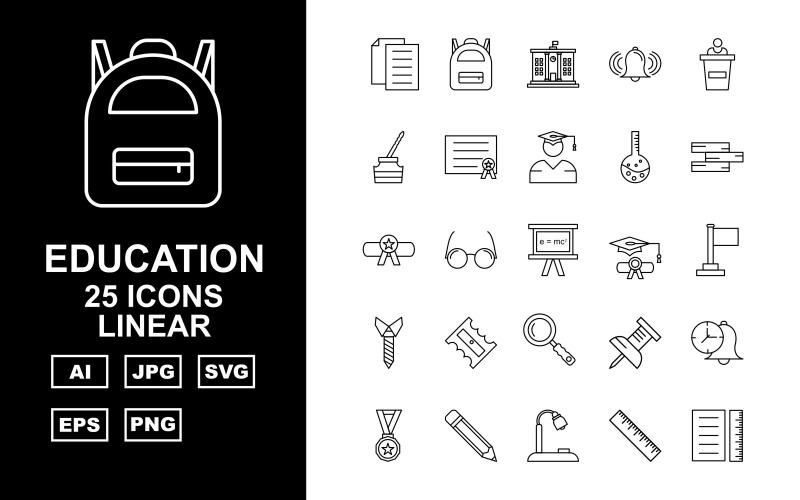 Download Набор иконок "25 Premium Education Linear Pack Icon Set" / 25 Premium Education Linear Pack Icon Set - Набор иконок на тему science document,books,award,lamp,ruler,brain,trophy,clock,bag,school,bell,speech,ink,cap,certificate,thermometer,graduation,flask,degree,glasses