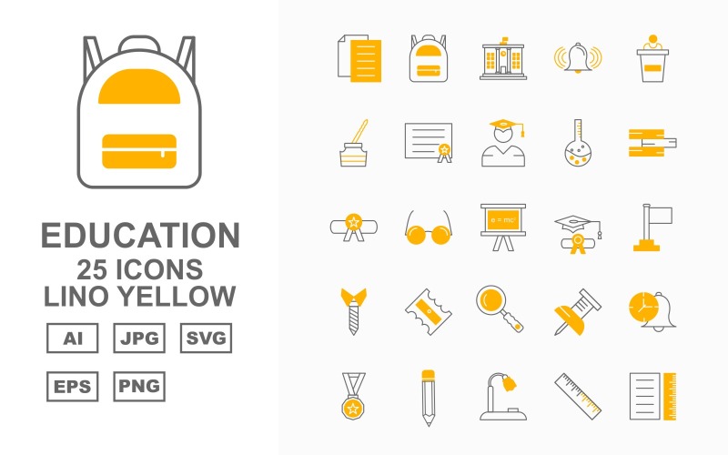 Download Набор иконок "25 Premium Education Lino Yellow Pack Icon Set" / 25 Premium Education Lino Yellow Pack Icon Set - Набор иконок на тему science document,books,award,lamp,ruler,brain,trophy,clock,bag,school,bell,speech,ink,cap,certificate,thermometer,graduation,flask,degree,glasses