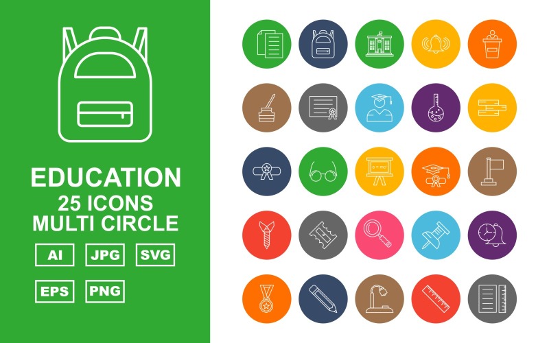 Download Набор иконок "25 Premium Education Multi Circle Pack Icon Set" / 25 Premium Education Multi Circle Pack Icon Set - Набор иконок на тему science document,books,award,lamp,ruler,brain,trophy,clock,bag,school,bell,speech,ink,cap,certificate,thermometer,graduation,flask,degree,glasses
