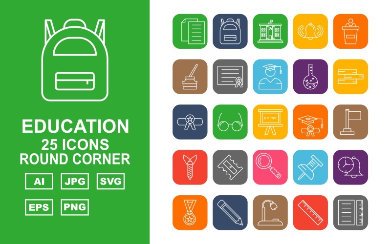 Download Набор иконок "25 Premium Education Round Corner Pack Icon Set" / 25 Premium Education Round Corner Pack Icon Set - Набор иконок на тему science document,books,award,lamp,ruler,brain,trophy,clock,bag,school,bell,speech,ink,cap,certificate,thermometer,graduation,flask,degree,glasses