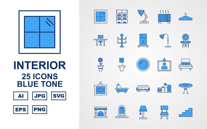 Download Набор иконок "25 Premium Interior Blue Tone Pack Icon Set" / 25 Premium Interior Blue Tone Pack Icon Set - Набор иконок на тему city window,mirror,chair,hanger,wardrobe,door,ottoman,basin,workplace,bookcase,lamp,heater,rack,fridge,dressing table,flower,sun flower,frame,bed,sofa