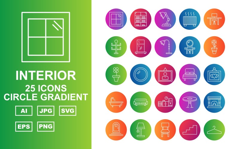 Download Набор иконок "25 Premium Interior Circle Gradient Pack Icon Set" / 25 Premium Interior Circle Gradient Pack Icon Set - Набор иконок на тему city window,mirror,chair,hanger,wardrobe,door,ottoman,basin,workplace,bookcase,lamp,heater,rack,fridge,dressing table,flower,sun flower,frame,bed,sofa