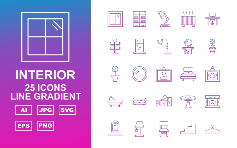 Download Набор иконок "25 Premium Interior Line Gradient Pack Icon Set" / 25 Premium Interior Line Gradient Pack Icon Set - Набор иконок на тему city window,mirror,chair,hanger,wardrobe,door,ottoman,basin,workplace,bookcase,lamp,heater,rack,fridge,dressing table,flower,sun flower,frame,bed,sofa
