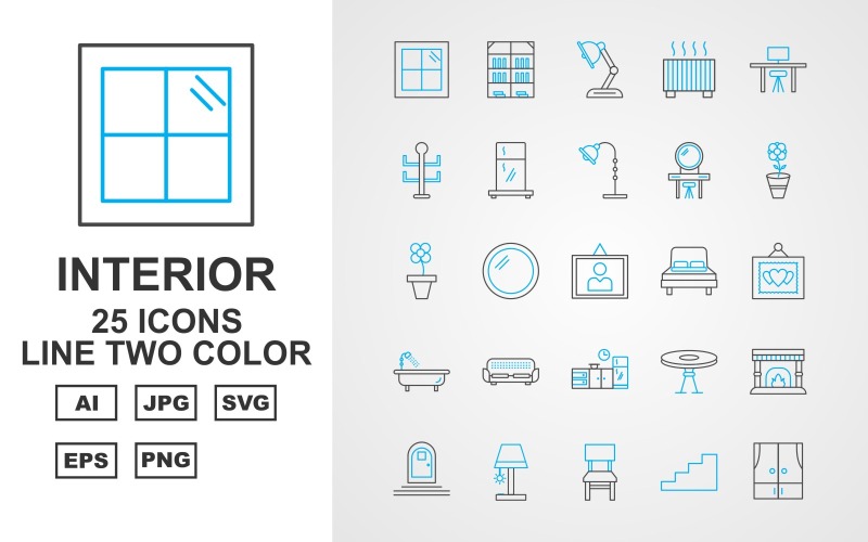 Download Набор иконок "25 Premium Interior Line Two Color Pack Icon Set" / 25 Premium Interior Line Two Color Pack Icon Set - Набор иконок на тему city window,mirror,chair,hanger,wardrobe,door,ottoman,basin,workplace,bookcase,lamp,heater,rack,fridge,dressing table,flower,sun flower,frame,bed,sofa