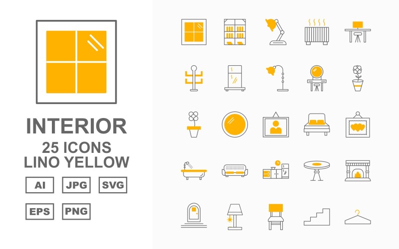 Download Набор иконок "25 Premium Interior Lino Yellow Pack Icon Set" / 25 Premium Interior Lino Yellow Pack Icon Set - Набор иконок на тему city window,mirror,chair,hanger,wardrobe,door,ottoman,basin,workplace,bookcase,lamp,heater,rack,fridge,dressing table,flower,sun flower,frame,bed,sofa