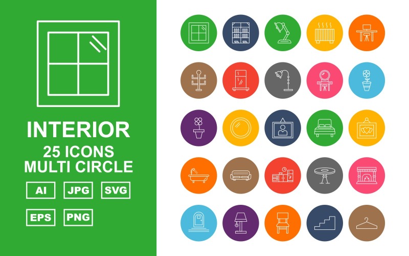 Download Набор иконок "25 Premium Interior Multi Circle Pack Icon Set" / 25 Premium Interior Multi Circle Pack Icon Set - Набор иконок на тему city window,mirror,chair,hanger,wardrobe,door,ottoman,basin,workplace,bookcase,lamp,heater,rack,fridge,dressing table,flower,sun flower,frame,bed,sofa
