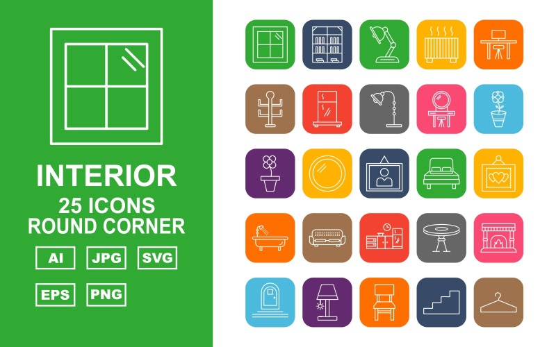 Download Набор иконок "25 Premium Interior Round Corner Pack Icon Set" / 25 Premium Interior Round Corner Pack Icon Set - Набор иконок на тему city window,mirror,chair,hanger,wardrobe,door,ottoman,basin,workplace,bookcase,lamp,heater,rack,fridge,dressing table,flower,sun flower,frame,bed,sofa