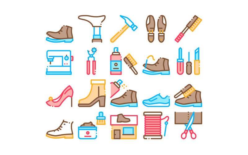 Sammlung von Schuhreparaturausrüstungssets Vektorsymbol