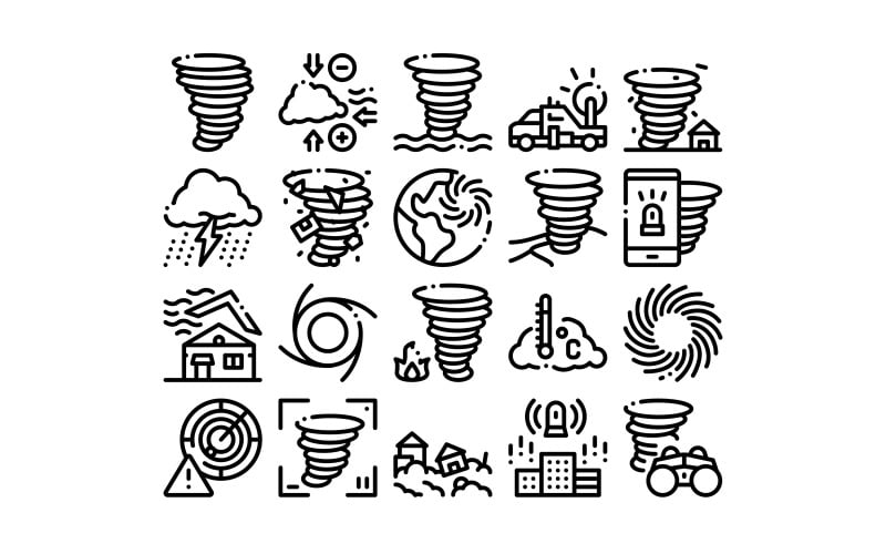 Download Набор иконок "Tornado And Hurricane Collection Set Vector Icon" / Tornado And Hurricane Collection Set Vector Icon - Набор иконок на тему weather tornado,hurricane,collection,icons,set,vector,thin,line,blowing,house,roof,cyclone,planet,globe,twister,weather,concept,linear,pictograms,monochrome