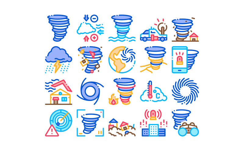 Download Набор иконок "Tornado And Hurricane Collection Set Vector Icon" / Tornado And Hurricane Collection Set Vector Icon - Набор иконок на тему weather tornado,hurricane,collection,icons,set,vector,thin,line,blowing,house,roof,cyclone,planet,globe,twister,weather,concept,linear,pictograms,contour
