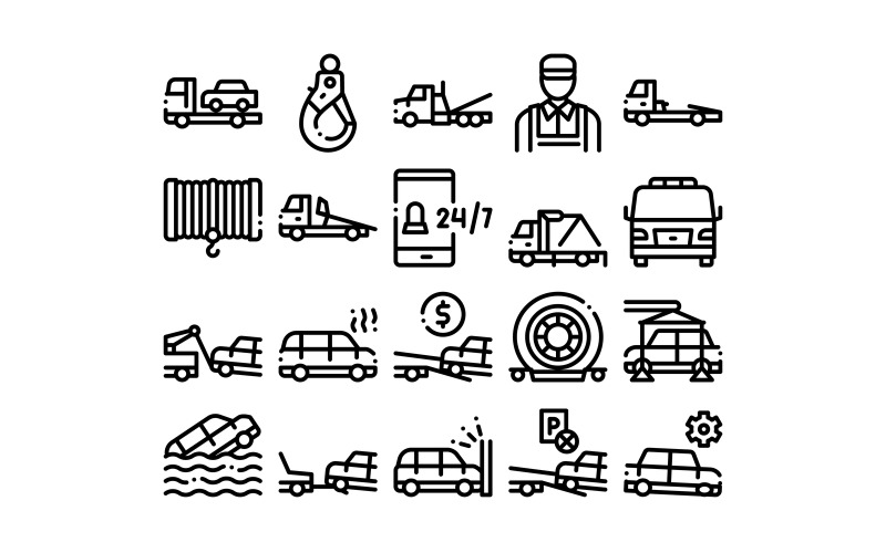 Download Набор иконок "Tow Truck Transport Collection Set Vector Icon" / Tow Truck Transport Collection Set Vector Icon - Набор иконок на тему transport tow,truck,transport,collection,icons,set,vector,thin,line,evacuating,transportation,broken,car,winch,hook,concept,linear,pictograms,monochrome,contour