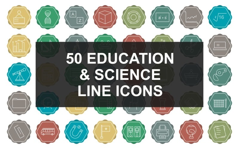 Download Набор иконок "50 Education and Science Line Multicolor Background Icon Set" / 50 Education and Science Line Multicolor Background Icon Set - Набор иконок на тему science student using laptop,two students studying,student sitting in classroom,school bus,puzzle,equal to,percentage,mathematics,circuit,dna structure,alphabet,cube,atomic structure,formula,graph,sq