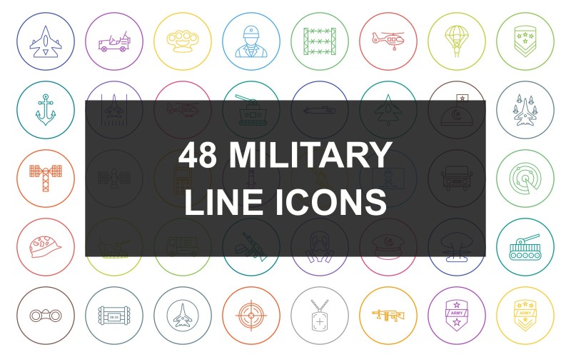 48 militaire lijn ronde cirkel Icon Set