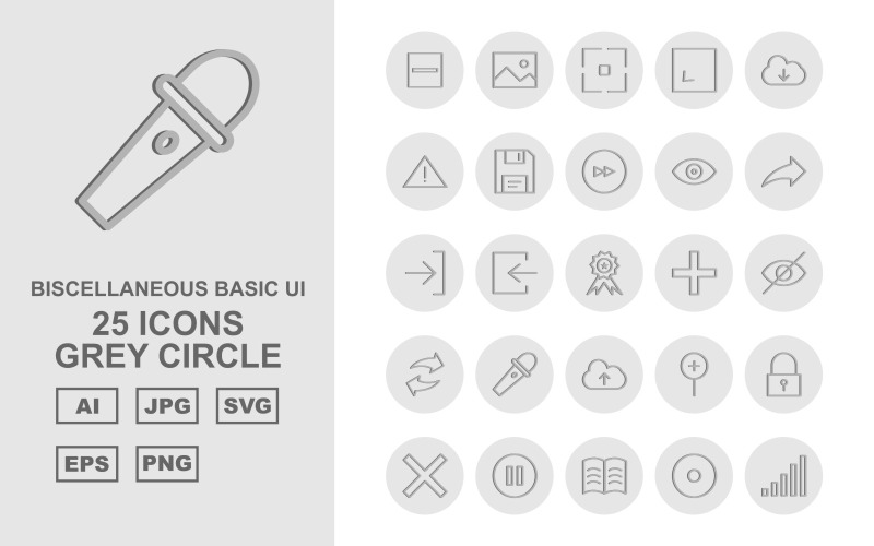 Download Набор иконок "25 Premium Miscellaneous Grey Circle Iconset" / 25 Premium Miscellaneous Grey Circle Iconset - Набор иконок на тему data design,arrow left,book,hosting web,setting,clock,upload,exclamation,pen,image,focus,enlarge,download,danger,floppy,next,eye,share,right,award
