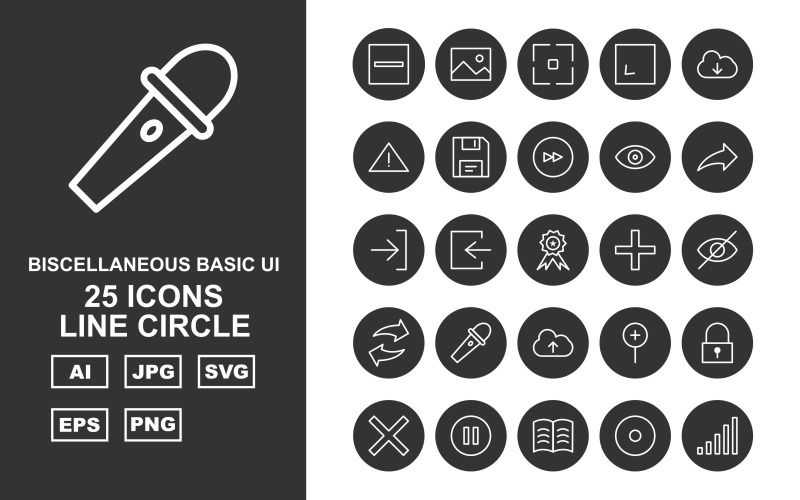 Download Набор иконок "25 Premium Miscellaneous Line Circle Icon Set" / 25 Premium Miscellaneous Line Circle Icon Set - Набор иконок на тему data design,arrow left,book,hosting web,setting,clock,upload,exclamation,pen,image,focus,enlarge,download,danger,floppy,next,eye,share,right,award