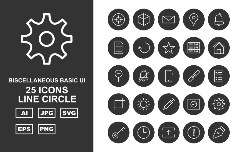 Download Набор иконок "25 Premium Miscellaneous Line Circle Icon Set" / 25 Premium Miscellaneous Line Circle Icon Set - Набор иконок на тему data design,arrow left,book,hosting web,setting,clock,upload,exclamation,pen,image,focus,enlarge,download,danger,floppy,next,eye,share,right,award