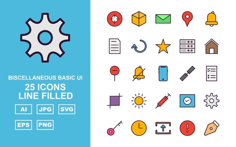 Download Набор иконок "25 Premium Miscellaneous Line Filled Icon Set" / 25 Premium Miscellaneous Line Filled Icon Set - Набор иконок на тему data design,arrow left,book,hosting web,setting,clock,upload,exclamation,pen,image,focus,enlarge,download,danger,floppy,next,eye,share,right,award