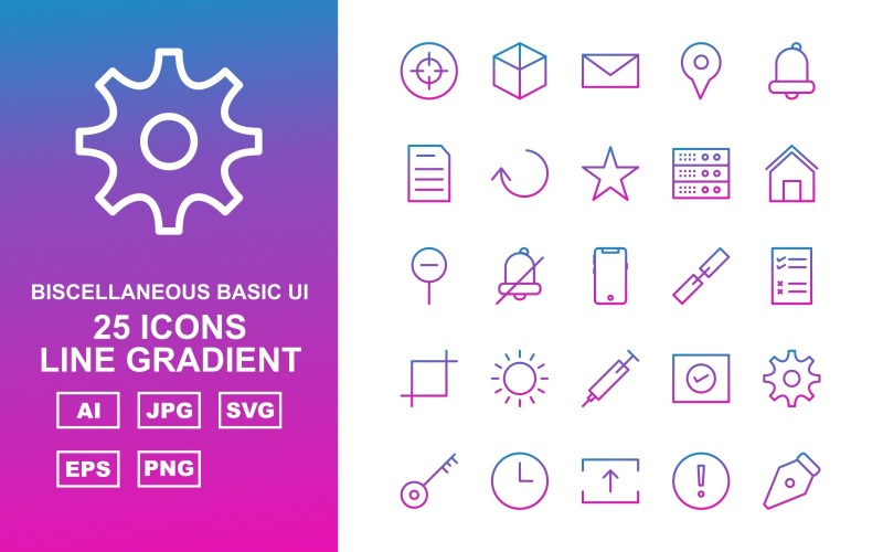 Download Набор иконок "25 Premium Miscellaneous Line Gradient Icon Set" / 25 Premium Miscellaneous Line Gradient Icon Set - Набор иконок на тему data design,arrow left,book,hosting web,setting,clock,upload,exclamation,pen,image,focus,enlarge,download,danger,floppy,next,eye,share,right,award