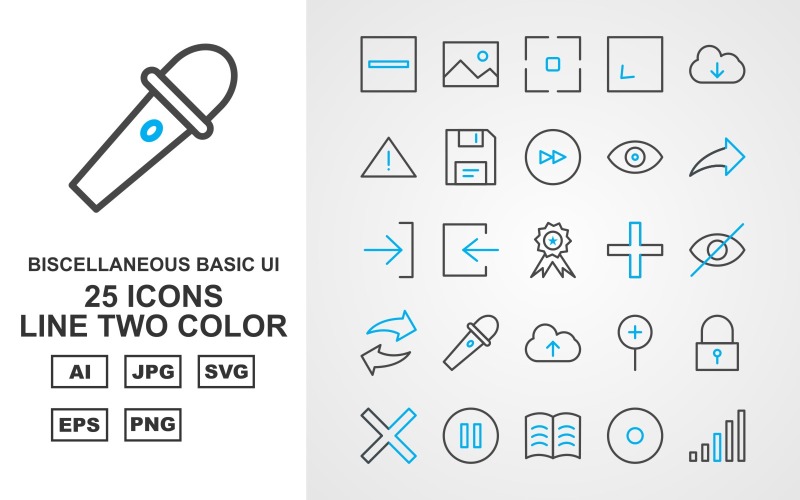 Download Набор иконок "25 Premium Miscellaneous Line Two Color Icon Set" / 25 Premium Miscellaneous Line Two Color Icon Set - Набор иконок на тему data design,arrow left,book,hosting web,setting,clock,upload,exclamation,pen,image,focus,enlarge,download,danger,floppy,next,eye,share,right,award