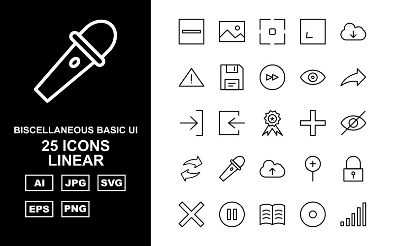 Download Набор иконок "25 Premium Miscellaneous Linear Icon Set" / 25 Premium Miscellaneous Linear Icon Set - Набор иконок на тему data design,arrow left,book,hosting web,setting,clock,upload,exclamation,pen,image,focus,enlarge,download,danger,floppy,next,eye,share,right,award