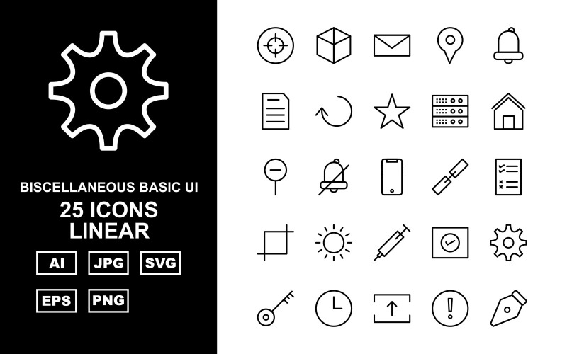 Download Набор иконок "25 Premium Miscellaneous Linear Icon Set" / 25 Premium Miscellaneous Linear Icon Set - Набор иконок на тему data design,arrow left,book,hosting web,setting,clock,upload,exclamation,pen,image,focus,enlarge,download,danger,floppy,next,eye,share,right,award