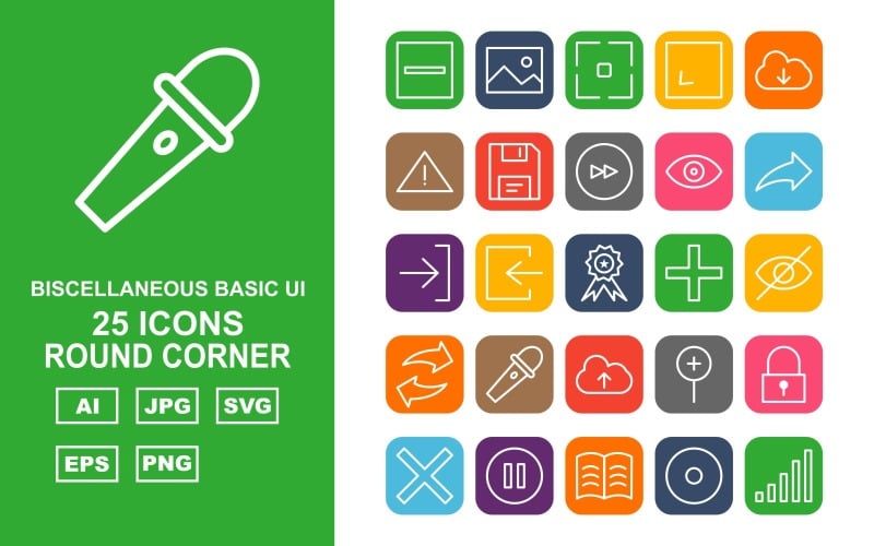 Download Набор иконок "25 Premium Miscellaneous Round Corner Icon Set" / 25 Premium Miscellaneous Round Corner Icon Set - Набор иконок на тему data design,arrow left,book,hosting web,setting,clock,upload,exclamation,pen,image,focus,enlarge,download,danger,floppy,next,eye,share,right,award
