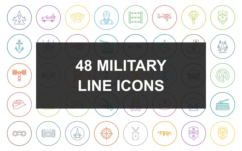 48 sada ikon vojenské linie kolem kruhu