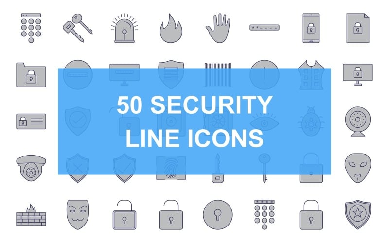 Download Набор иконок "50 Security Line Filled Icon Set" / 50 Security Line Filled Icon Set - Набор иконок на тему security passcode lock,secure server,bug fixing,hacker mask,umbrella,no entry sign,identity card,fingerprint lock,keys,siren,fire,hand,enter passcode,secure device,secure document,secure folder,passwo