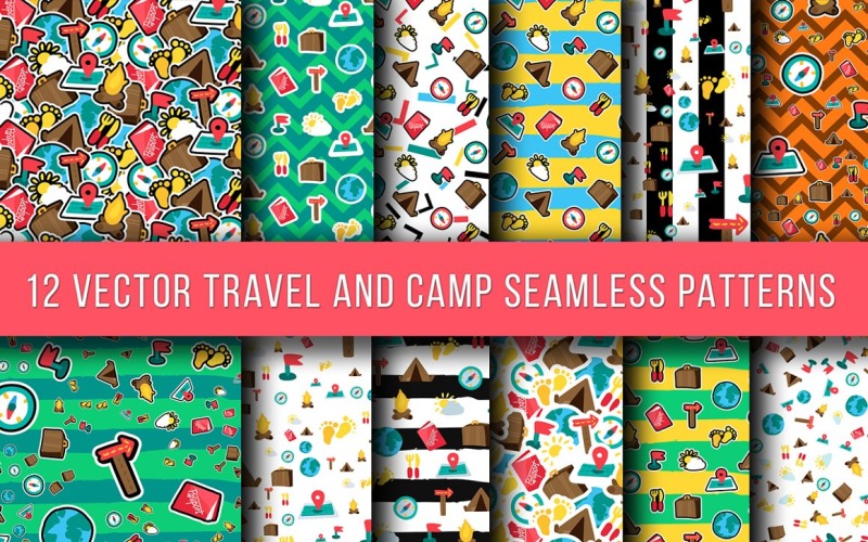 Download Pattern "Travel And Camping Seamless Pattern" / Travel And Camping Seamless Pattern - Pattern на тему графика fun,badges,hipster,illustration,label,design,sign,cute,food,stylish,fashion,summer,vector,collection,beach,sun,holiday,travel,globe,ornament,badge,yellow,map,green,blue,earth,planet,decoratio