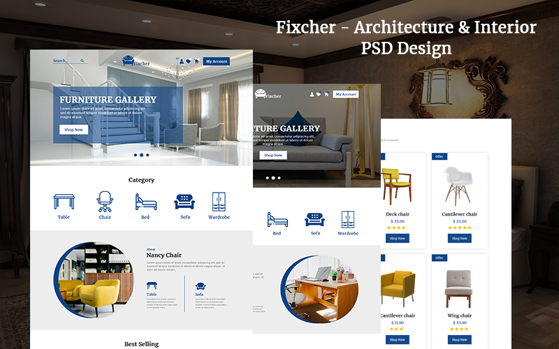 Download PSD шаблон "Fixcher - Architecture Interior PSD Template" / Fixcher - Architecture Interior PSD Template - Адаптивный PSD шаблон на тему бизнес и услуги furniture,architecture,interior,deign,sofa,table,interiordesign,design,home decorator,homedecore