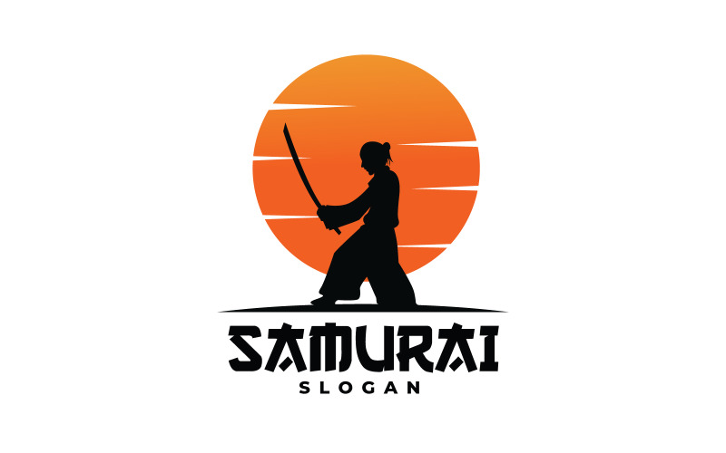 Modèle de logo coucher de soleil avec samouraï