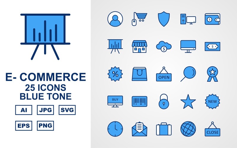 25 Conjunto de iconos de tono azul de comercio electrónico premium