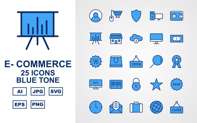 Download Набор иконок "25 Premium E-Commerce Blue Tone Icon Set" / 25 Premium E-Commerce Blue Tone Icon Set - Набор иконок на тему финансы user,shopping bag,briefcase,trolley,label tag,telephone,credit card,calculator,gift,mouse shopping,shield,computer,wallet,presentation,shop,cloud coin,lcd,currency note,percentage,open