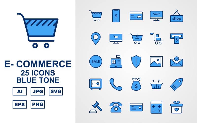 Download Набор иконок "25 Premium E-Commerce Blue Tone Pack Icon Set" / 25 Premium E-Commerce Blue Tone Pack Icon Set - Набор иконок на тему финансы user,shopping bag,briefcase,trolley,label tag,telephone,credit card,calculator,gift,mouse shopping,shield,computer,wallet,presentation,shop,cloud coin,lcd,currency note,percentage,open