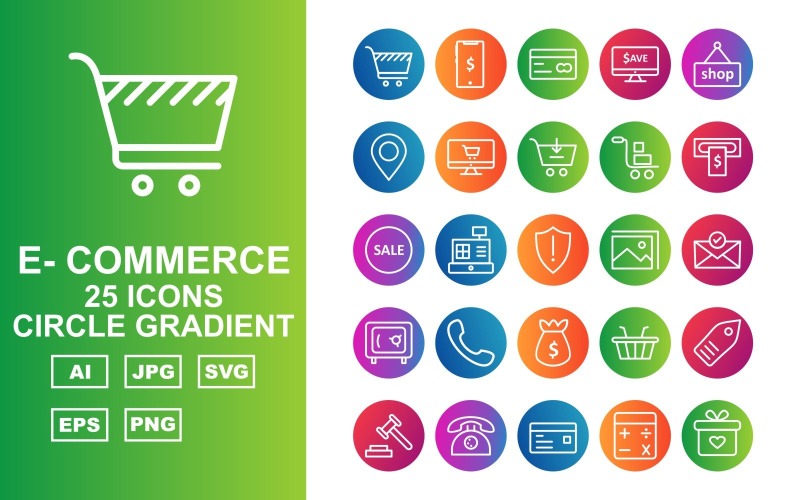 25 Premium E-Commerce Circle Gradient Pack Ikonuppsättning