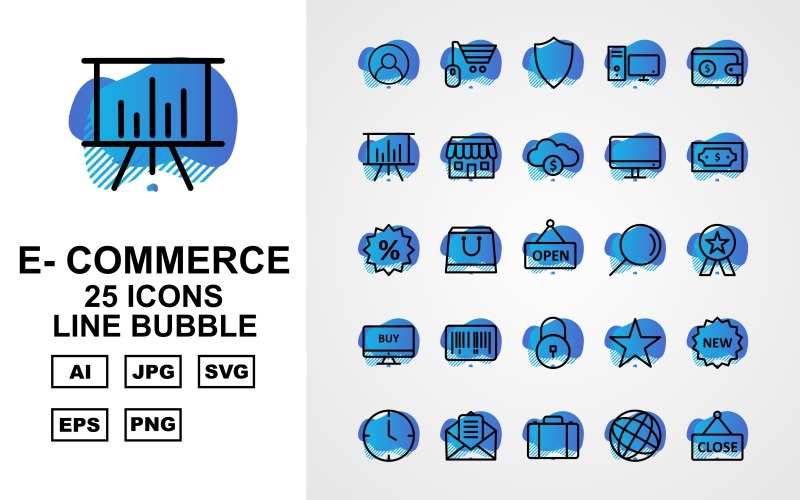 Download Набор иконок "25 Premium E-Commerce Line Bubble Icon Set" / 25 Premium E-Commerce Line Bubble Icon Set - Набор иконок на тему финансы user,shopping bag,briefcase,trolley,label tag,telephone,credit card,calculator,gift,mouse shopping,shield,computer,wallet,presentation,shop,cloud coin,lcd,currency note,percentage,open