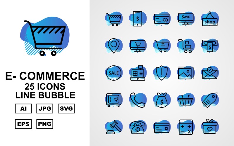 Download Набор иконок "25 Premium E-Commerce Line Bubble Pack Icon Set" / 25 Premium E-Commerce Line Bubble Pack Icon Set - Набор иконок на тему финансы user,shopping bag,briefcase,trolley,label tag,telephone,credit card,calculator,gift,mouse shopping,shield,computer,wallet,presentation,shop,cloud coin,lcd,currency note,percentage,open