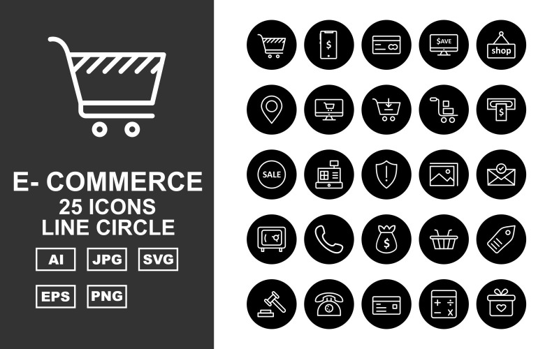 Download Набор иконок "25 Premium E-Commerce Line Circle Pack Icon Set" / 25 Premium E-Commerce Line Circle Pack Icon Set - Набор иконок на тему финансы user,shopping bag,briefcase,trolley,label tag,telephone,credit card,calculator,gift,mouse shopping,shield,computer,wallet,presentation,shop,cloud coin,lcd,currency note,percentage,open