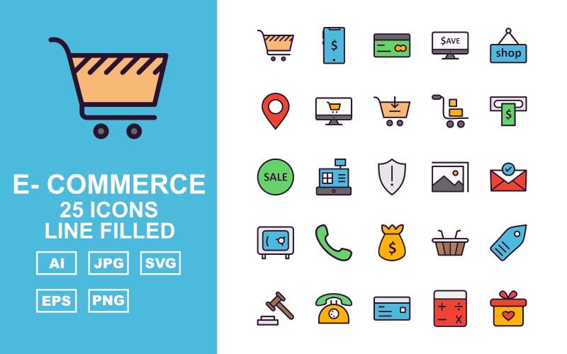 Download Набор иконок "25 Premium E-Commerce Line Filled Icon Set" / 25 Premium E-Commerce Line Filled Icon Set - Набор иконок на тему финансы user,shopping bag,briefcase,trolley,label tag,telephone,credit card,calculator,gift,mouse shopping,shield,computer,wallet,presentation,shop,cloud coin,lcd,currency note,percentage,open