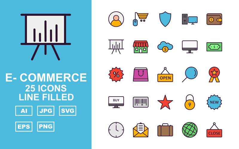 Download Набор иконок "25 Premium E-Commerce Line Filled Pack Icon Set" / 25 Premium E-Commerce Line Filled Pack Icon Set - Набор иконок на тему финансы user,shopping bag,briefcase,trolley,label tag,telephone,credit card,calculator,gift,mouse shopping,shield,computer,wallet,presentation,shop,cloud coin,lcd,currency note,percentage,open
