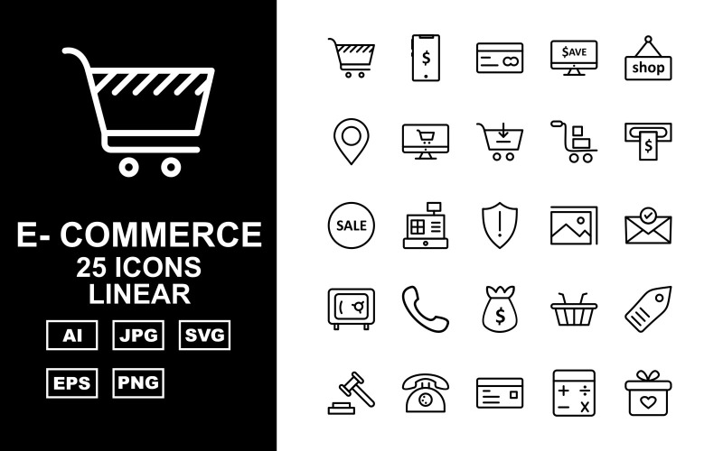 Download Набор иконок "25 Premium E-Commerce Linear Pack Icon Set" / 25 Premium E-Commerce Linear Pack Icon Set - Набор иконок на тему финансы user,shopping bag,briefcase,trolley,label tag,telephone,credit card,calculator,gift,mouse shopping,shield,computer,wallet,presentation,shop,cloud coin,lcd,currency note,percentage,open