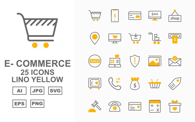 Download Набор иконок "25 Premium E-Commerce Lino Yellow Pack Icon Set" / 25 Premium E-Commerce Lino Yellow Pack Icon Set - Набор иконок на тему финансы user,shopping bag,briefcase,trolley,label tag,telephone,credit card,calculator,gift,mouse shopping,shield,computer,wallet,presentation,shop,cloud coin,lcd,currency note,percentage,open
