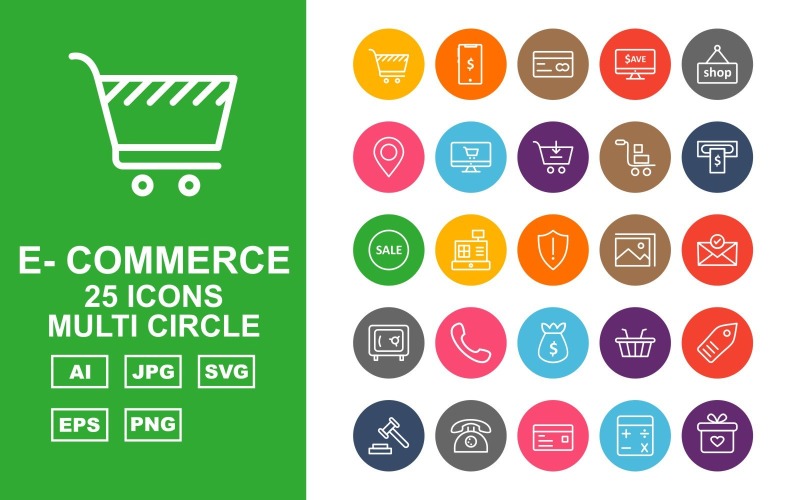 Download Набор иконок "25 Premium E-Commerce Multi Circle Pack Icon Set" / 25 Premium E-Commerce Multi Circle Pack Icon Set - Набор иконок на тему финансы user,shopping bag,briefcase,trolley,label tag,telephone,credit card,calculator,gift,mouse shopping,shield,computer,wallet,presentation,shop,cloud coin,lcd,currency note,percentage,open