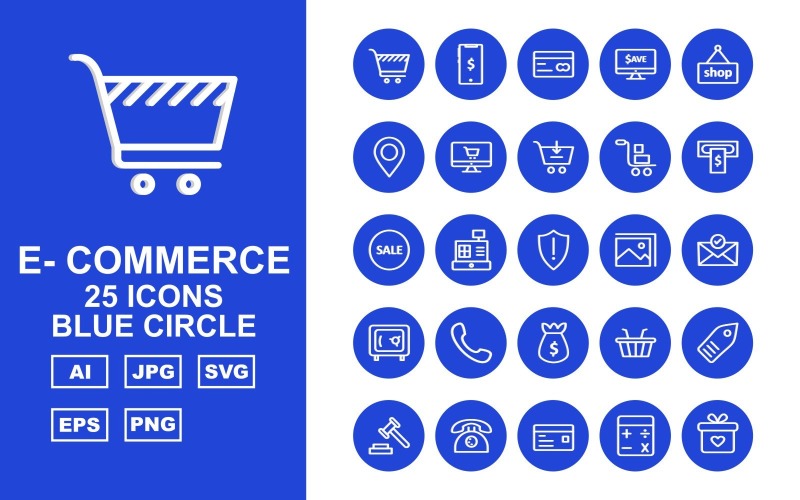 25 Premium e-handel blå cirkel ikonuppsättning
