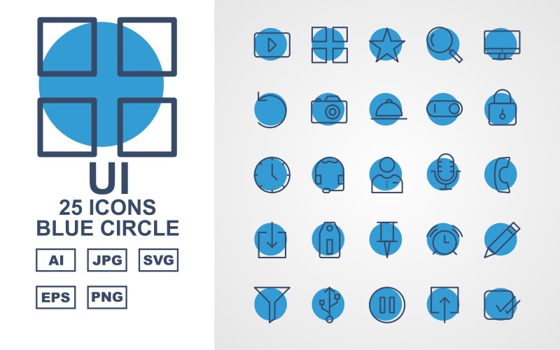 25 Premium UI Blue Circle Paketi Simge Seti