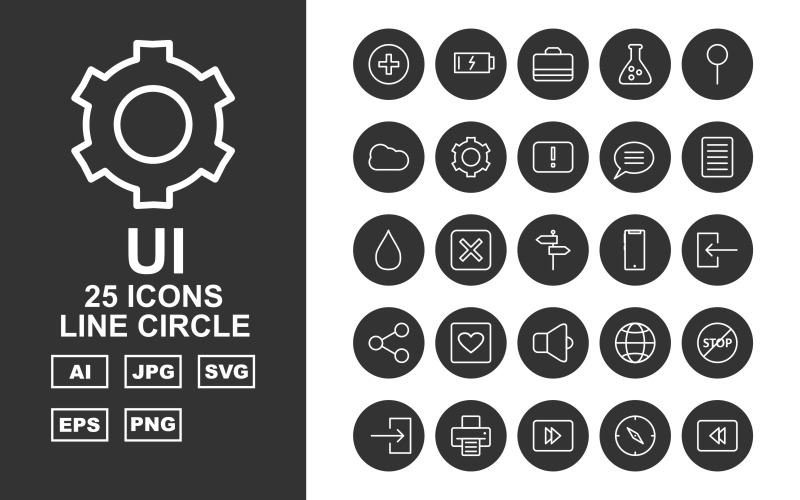 Download Набор иконок "25 Premium UI Line Circle Pack Icon Set" / 25 Premium UI Line Circle Pack Icon Set - Набор иконок на тему data play,help,pause,comment,stop,printe,rewind,compass,menu,bookmark,search,monitor,restart,camera,dish,toggle,lock,clock,man,record