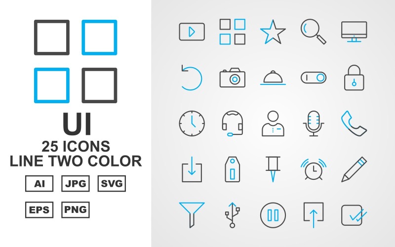 Download Набор иконок "25 Premium UI Line Two Color Pack Icon Set" / 25 Premium UI Line Two Color Pack Icon Set - Набор иконок на тему data play,help,pause,comment,stop,printe,rewind,compass,menu,bookmark,search,monitor,restart,camera,dish,toggle,lock,clock,man,record