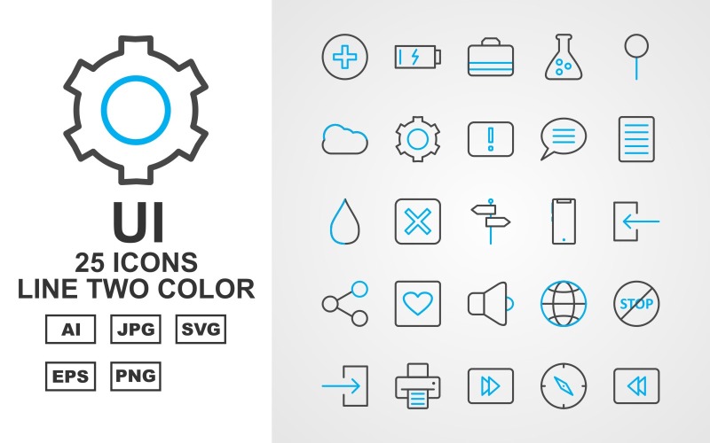 Download Набор иконок "25 Premium UI Line Two Color Pack Icon Set" / 25 Premium UI Line Two Color Pack Icon Set - Набор иконок на тему data play,help,pause,comment,stop,printe,rewind,compass,menu,bookmark,search,monitor,restart,camera,dish,toggle,lock,clock,man,record