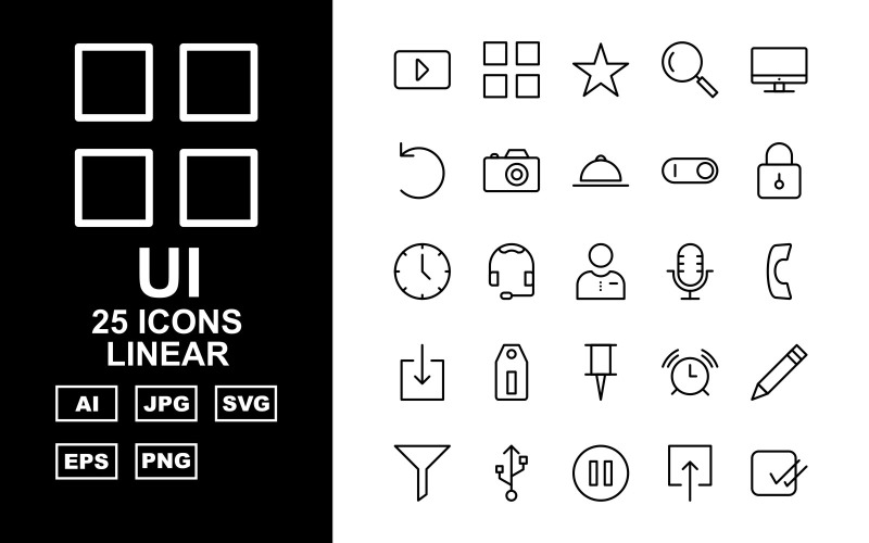 Download Набор иконок "25 Premium UI Linear Icon Set" / 25 Premium UI Linear Icon Set - Набор иконок на тему data play,help,pause,comment,stop,printe,rewind,compass,menu,bookmark,search,monitor,restart,camera,dish,toggle,lock,clock,man,record